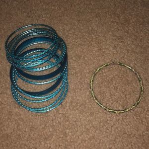 Lot blue sparkly floral bangle bracelets